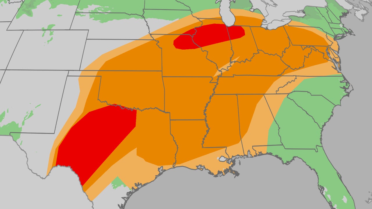 Another severe weather outbreak, with threat of strong tornadoes, forecast through Wednesday in Midwest, South<br>