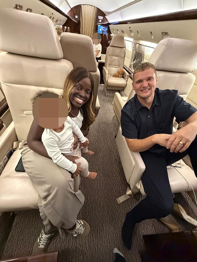 Samuel Leeds, 34, is pictured with his wife Amanda and their children on a private jet
