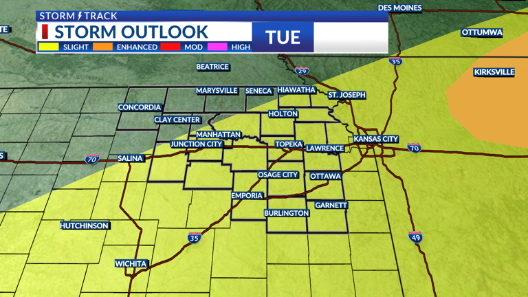 Cold front moves across the area today, storm chance tonight