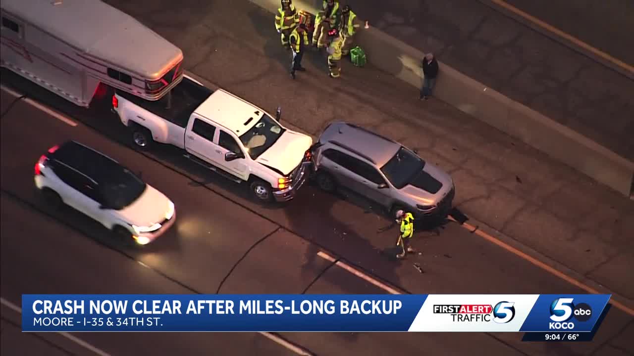 Crash now clear after causing miles-long backup on I-35 in Moore