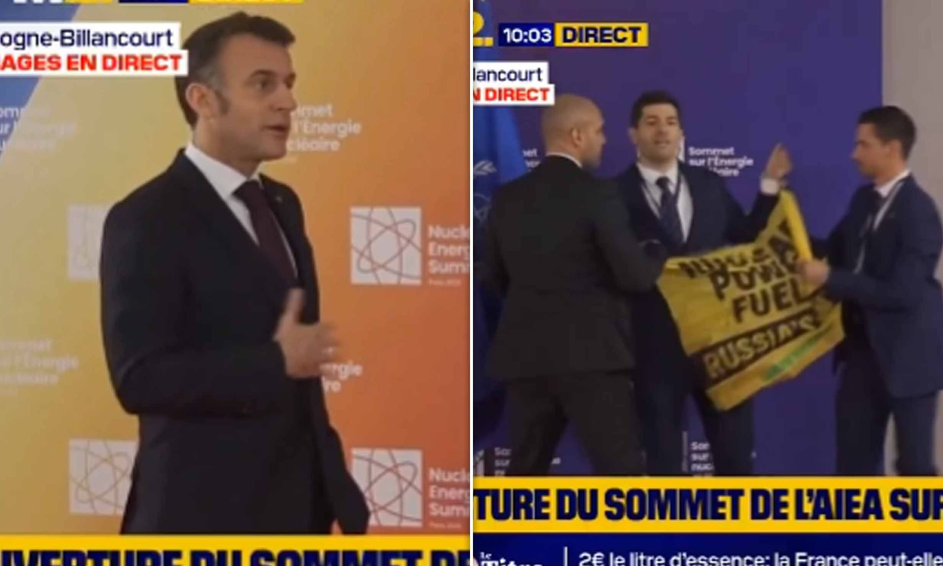 Moment rattled Emmanuel Macron is confronted by activists who storm ...