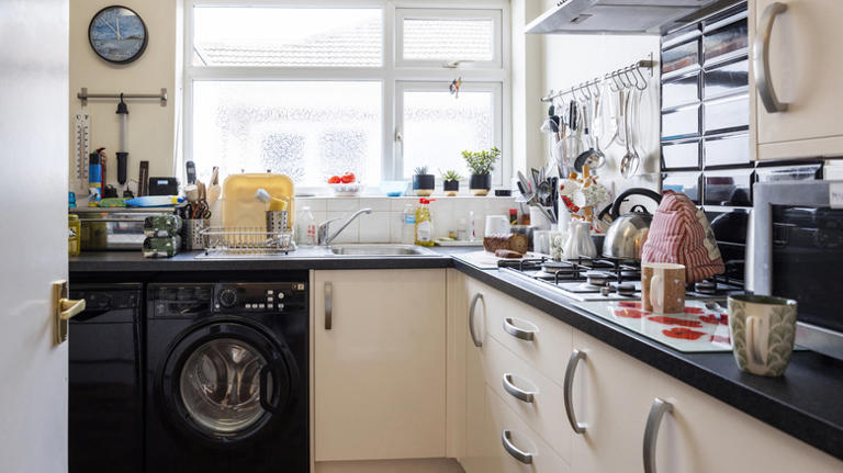 Use Dollar Tree items to DIY kitchen countertop storage that looks so chic