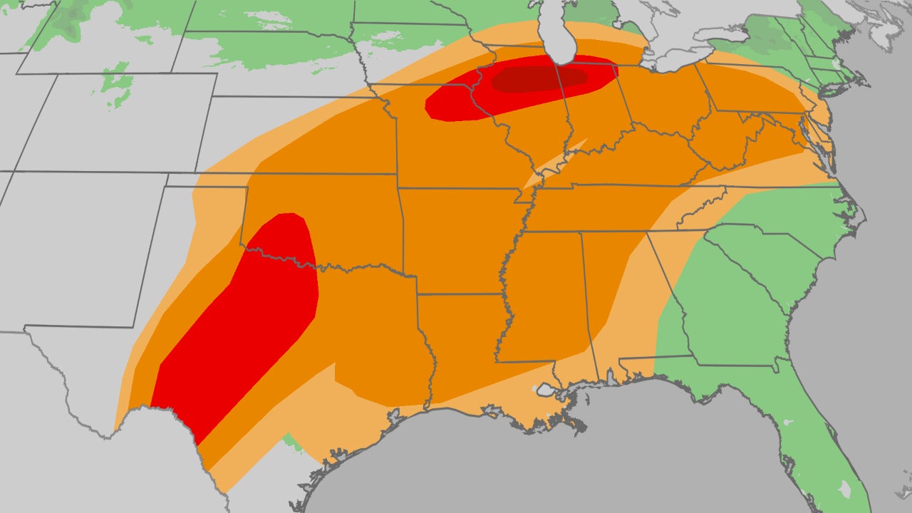 Another severe weather outbreak, with threat of strong tornadoes, forecast through Wednesday in Midwest, South<br><br>