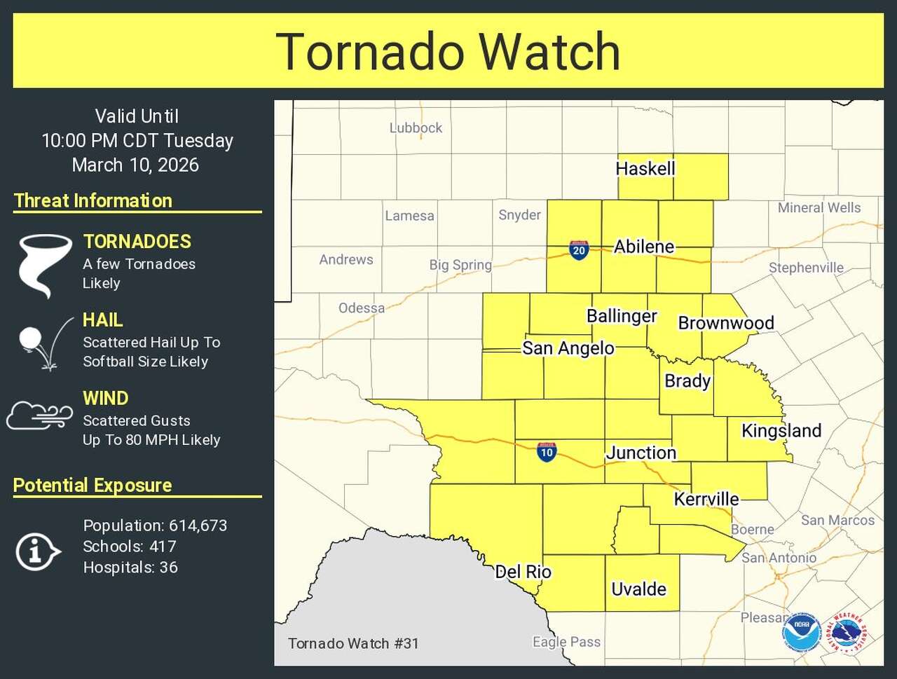 Tornado watch issued Tuesday night for West Texas and the Hill Country