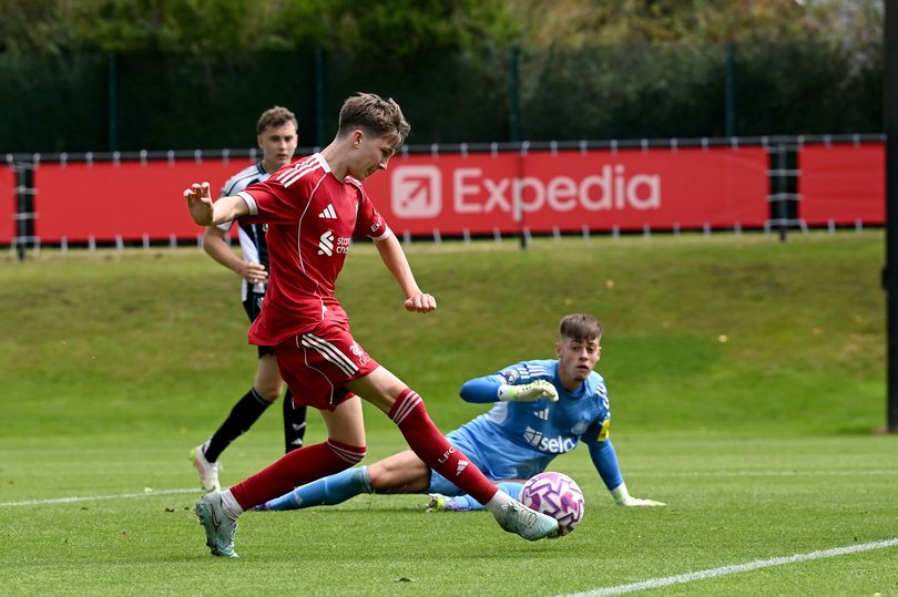 Finn Inglethorpe of Liverpool scores Liverpool's first goal during the U18 Premier League game at AXA Training Centre on September 13, 2025 in Kirkby, England