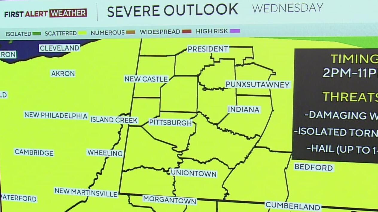 Chance of severe weather and tornado risk in Pittsburgh on Wednesday