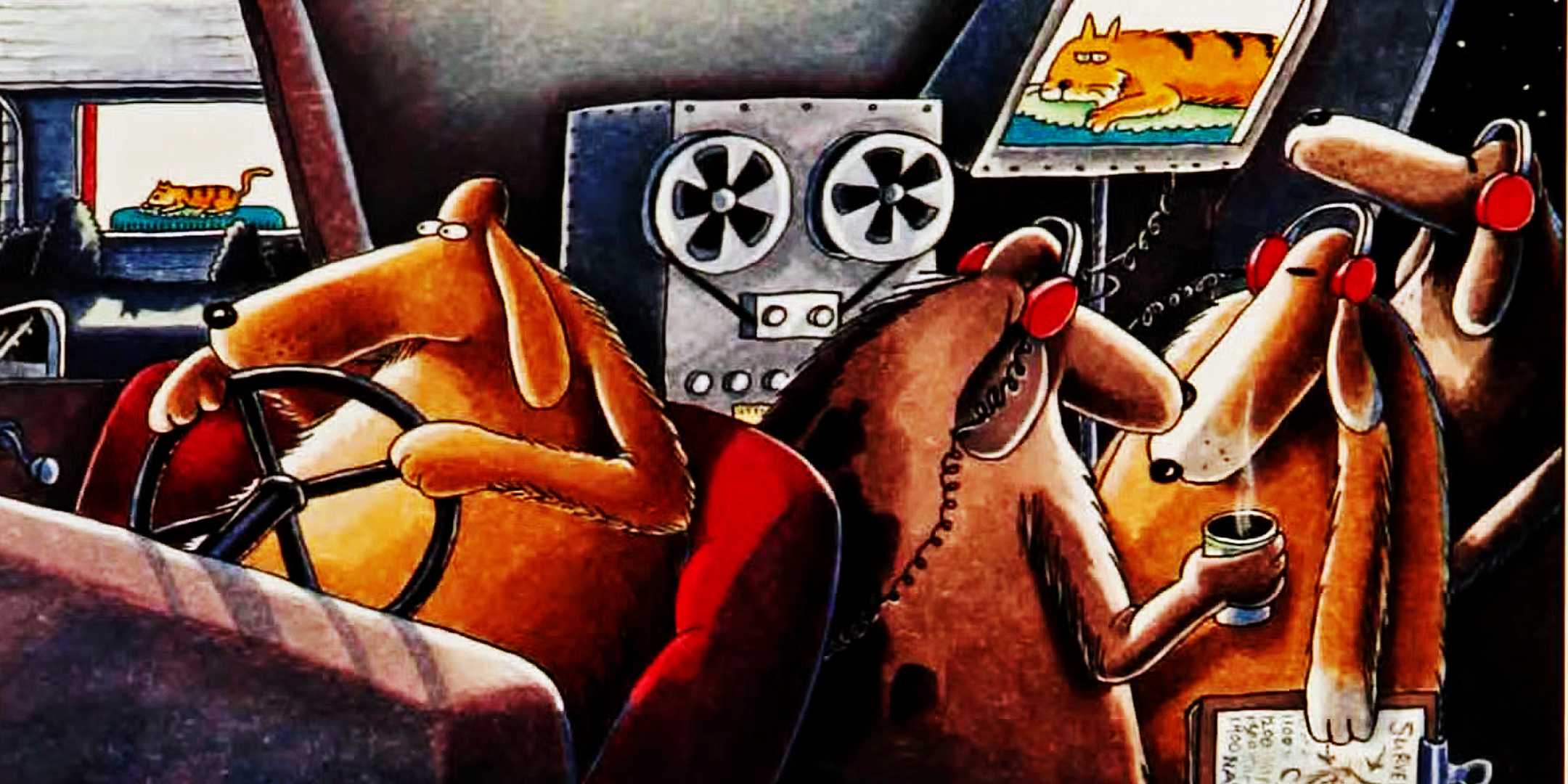 Dogs performing surveillance on cats from The Far Side