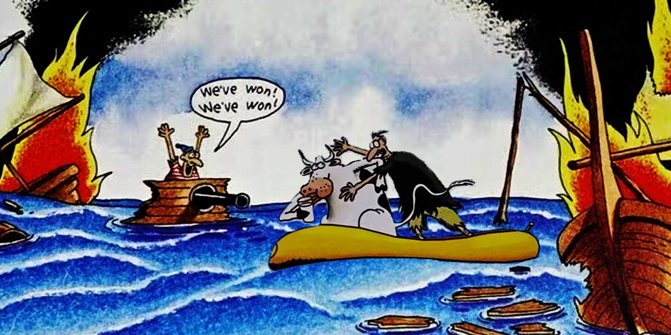 A collage of The Far Side comics features characters lost at sea.