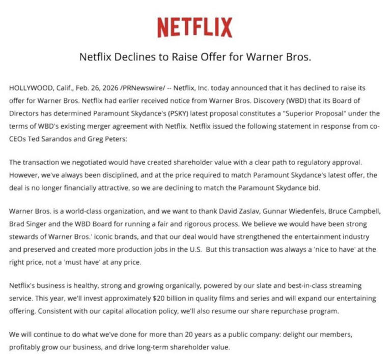 Netflix renonce au rachat de Warner Bros après un énième retournement ...