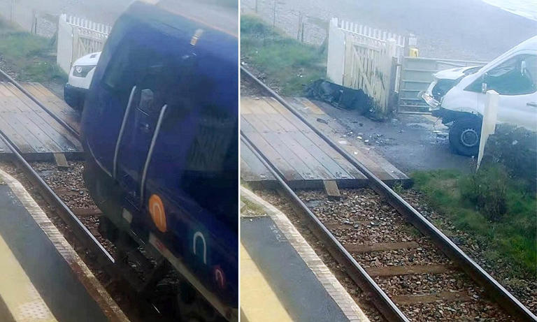 Moment train smashes into van when delivery driver pulled onto crossing ...