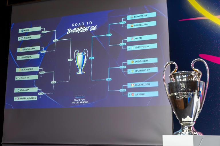 The group formations are shown on an electronic panel next to the Champions League trophy after drawing the UEFA Champions League round of 16, quarter-final, semi-final and final, at the UEFA headquarters in Nyon, Switzerland, Friday, Feb. 27, 2026. (Martial Trezzini/Keystone via AP)