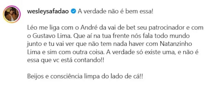 Wesley Safadão se pronuncia sobre desavença com Gusttavo Lima e reage a motivo apontado por jornalista: "Consciência limpa" Foto: Reprodução/Instagram/@leodias