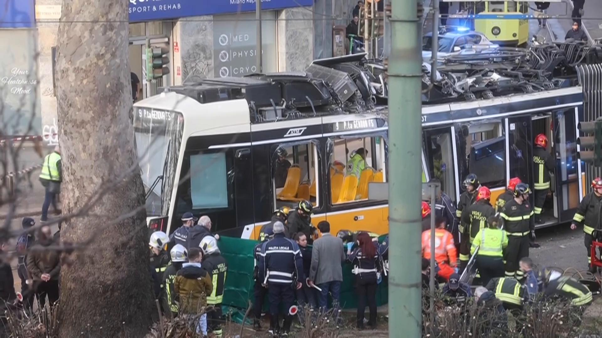 Emergency services on scene after tram derails and slams into building in Milan<br>