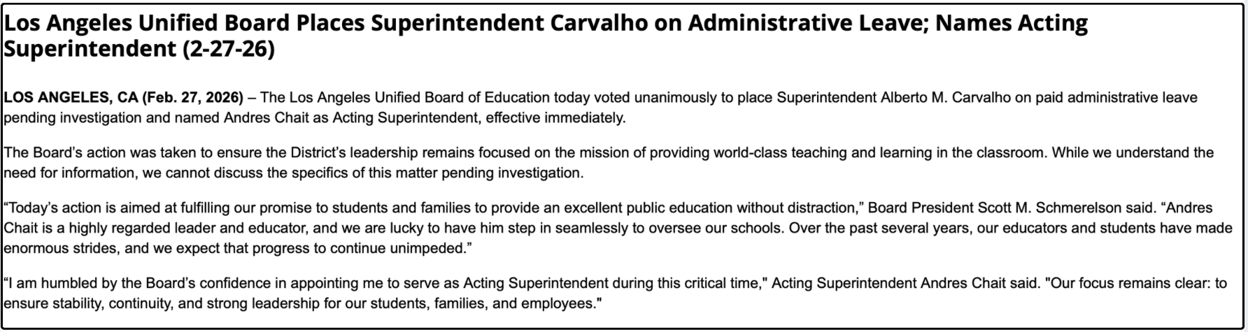 LAUSD superintendent Alberto Carvalho placed on paid leave after FBI raids