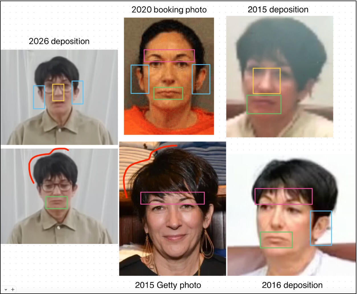 Comparison of facial features in photos of Ghislaine Maxwell from 2015, 2016, 2020 and 2026. / Credit: U.S. Department of Justice; Getty Images