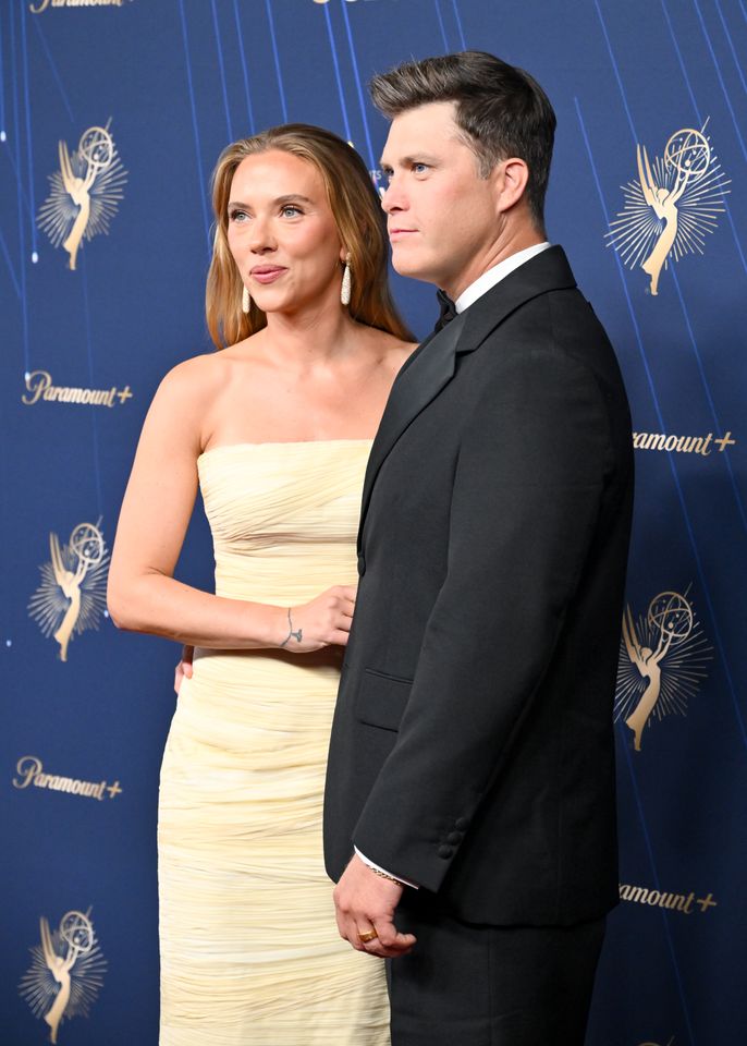 Scarlett Johansson, Colin Jost at the 77th Primetime Emmy Awards held at the Peacock Theater on September 14, 2025 in Los Angeles, California