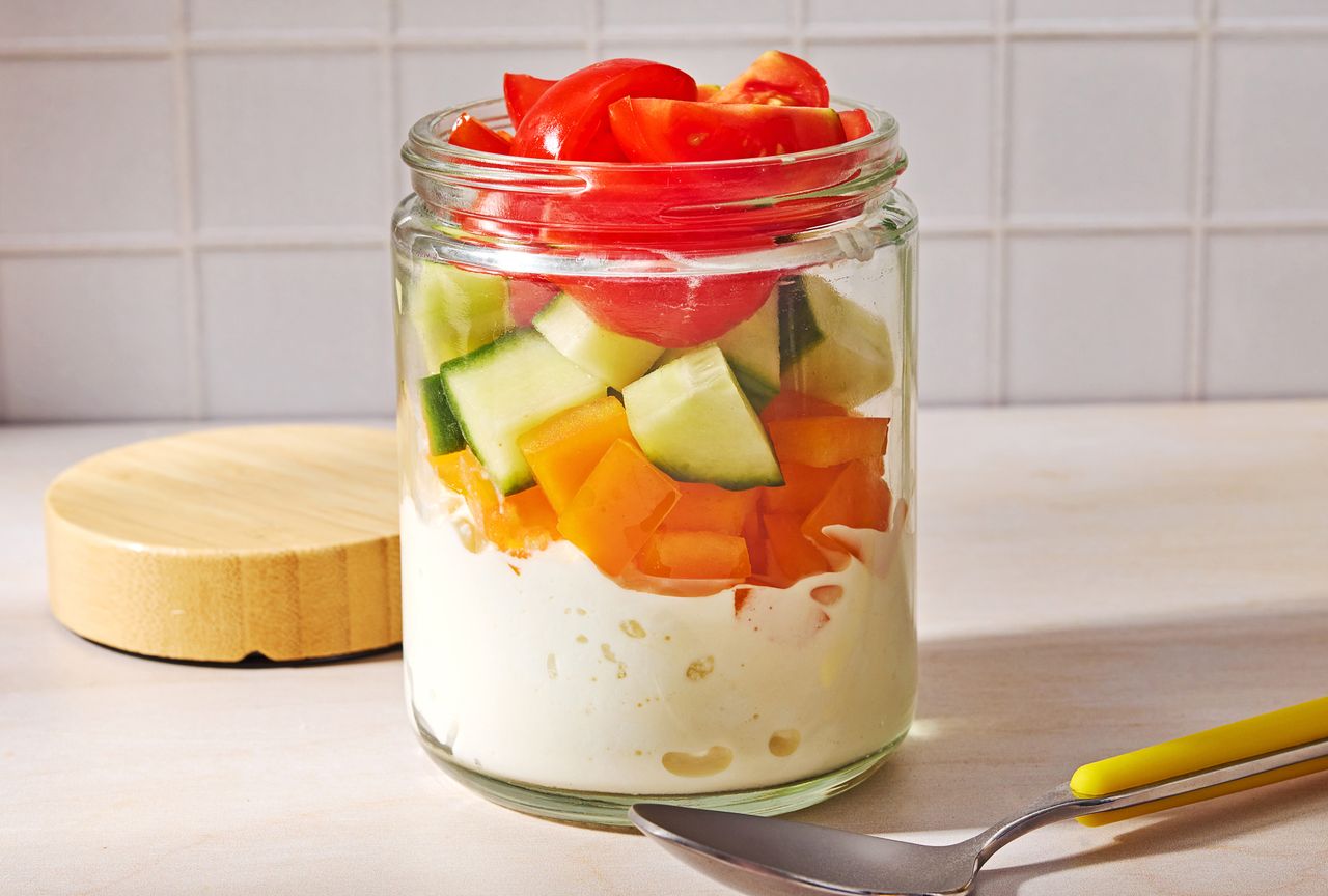 Cottage Cheese Snack Jar with Tomatoes, Cucumbers, and Bell Peppers