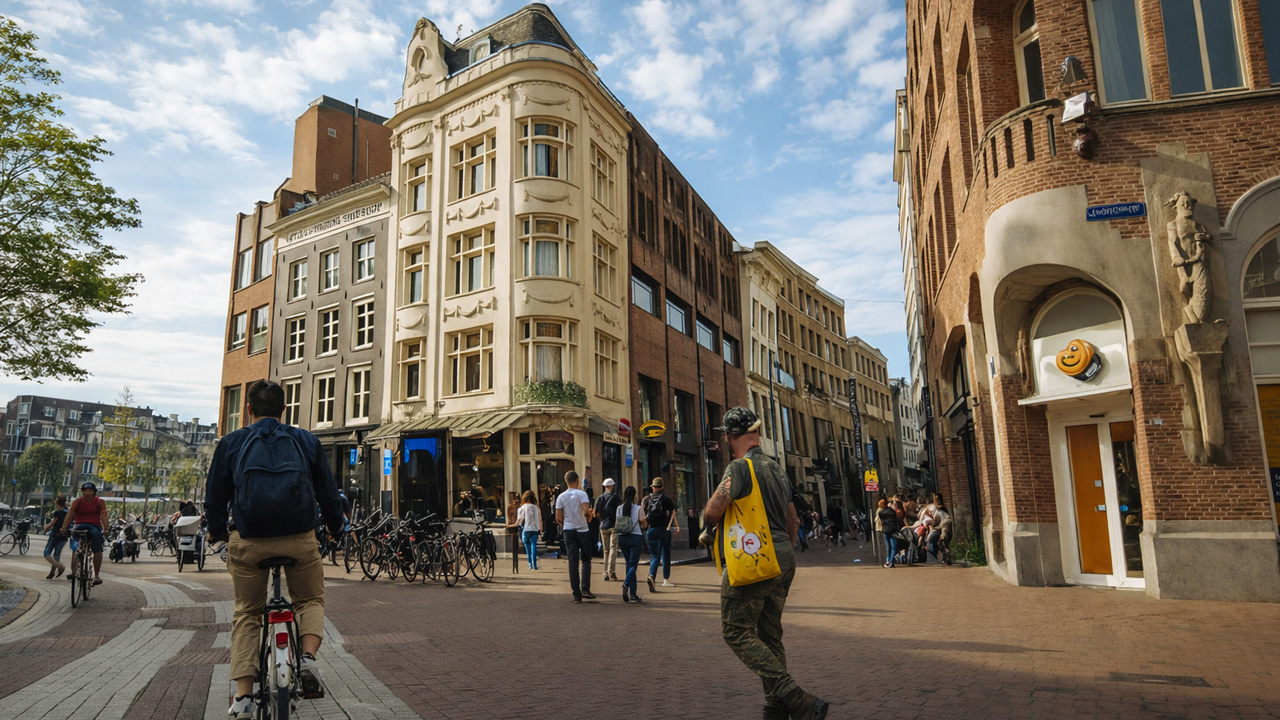 Cycling through a lively Amsterdam corner