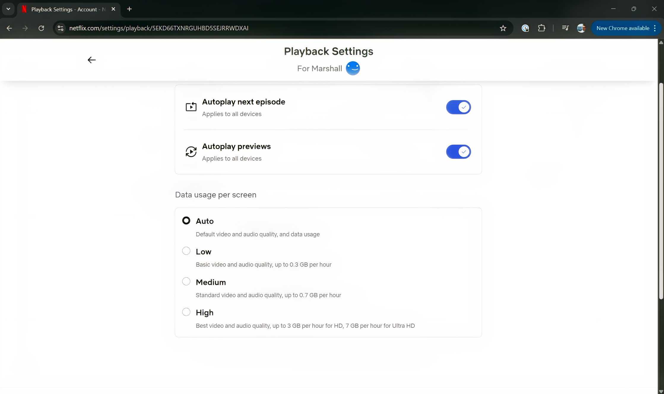 Netflix option to adjust video quality