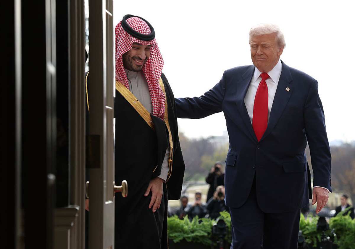 President Donald Trump welcomes Crown Prince and Prime Minister Mohammed bin Salman of Saudi Arabia during an arrival ceremony at the White House on November 18, 2025, in Washington, DC (Win McNamee/Getty Images)