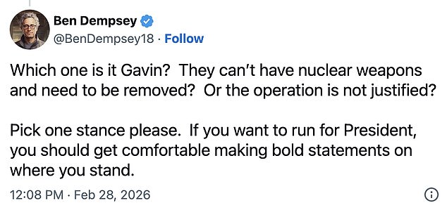 Gavin Newsom slammed for bizarre response to Trump's Iran attack