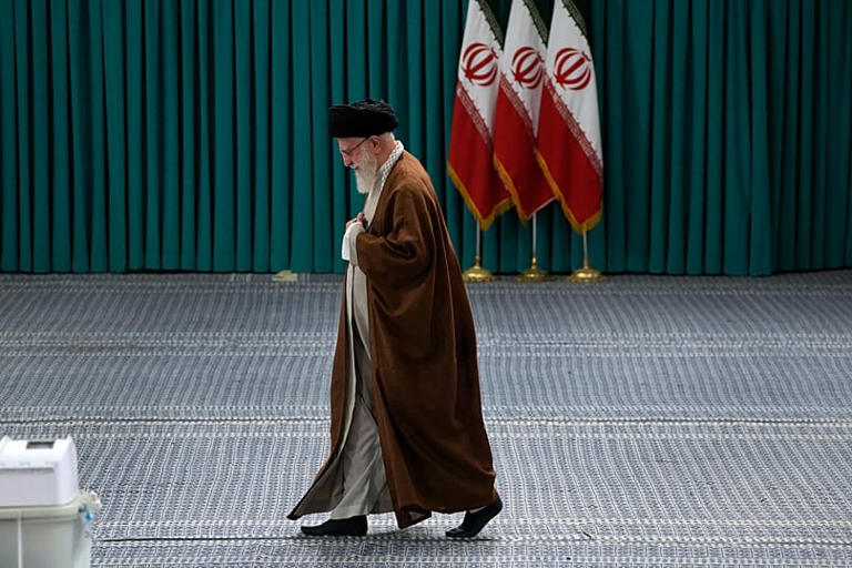 FILE - Iranian Supreme Leader Ayatollah Ali Khamenei arrives to vote for the parliamentary runoff elections, in Tehran, Iran, May 10, 2024. (AP Photo/Vahid Salemi, File) Vahid Salemi/Copyright 2024 The AP. All rights reserved