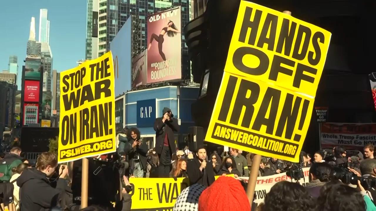 New Yorkers gather in Times Square to protest US-Israeli strikes on Iran