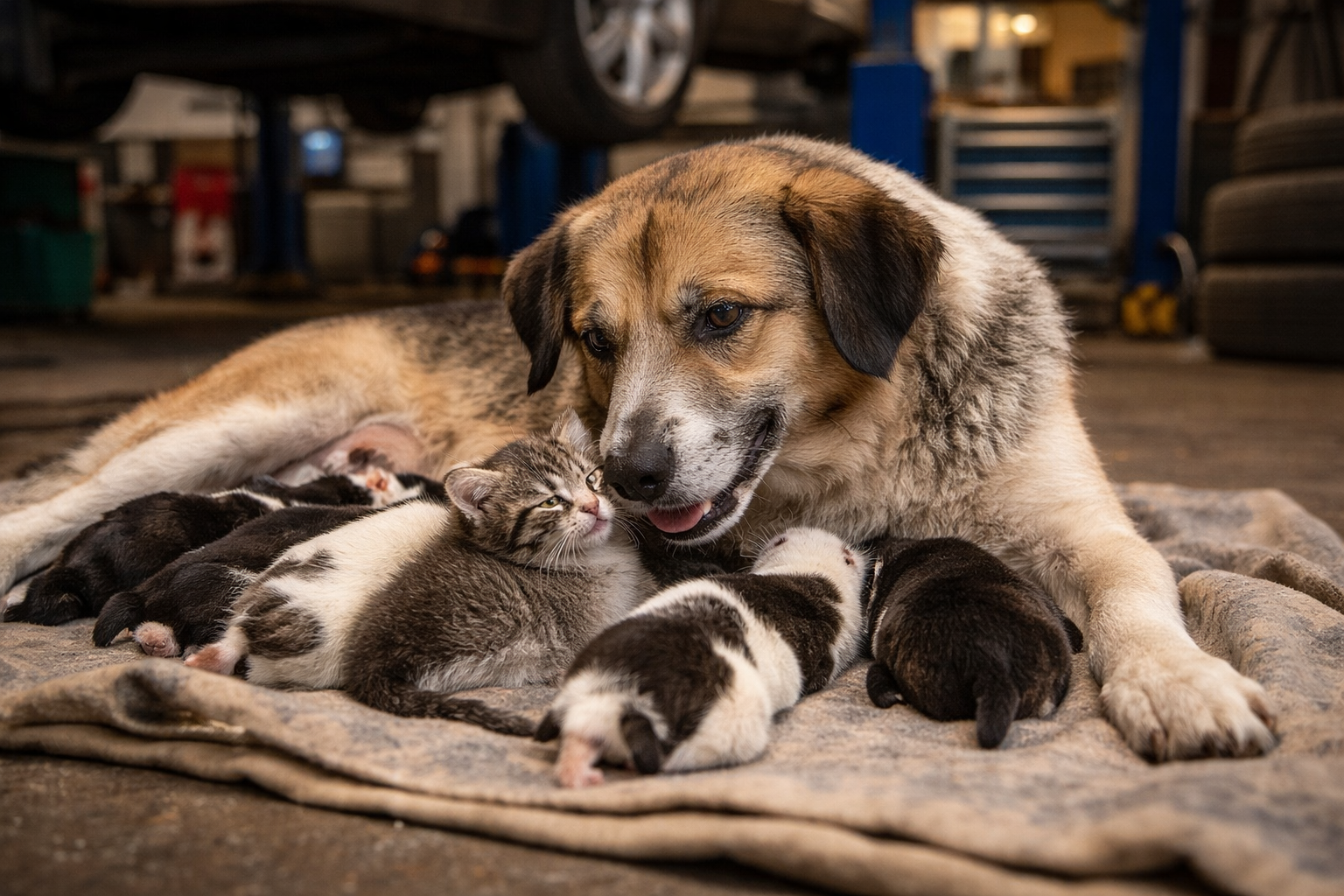 Cagna randagia partorisce in officina e adotta un gattino rimasto solo