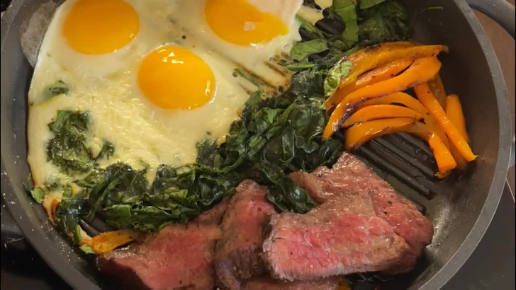 Steak and eggs in a random pan, explained