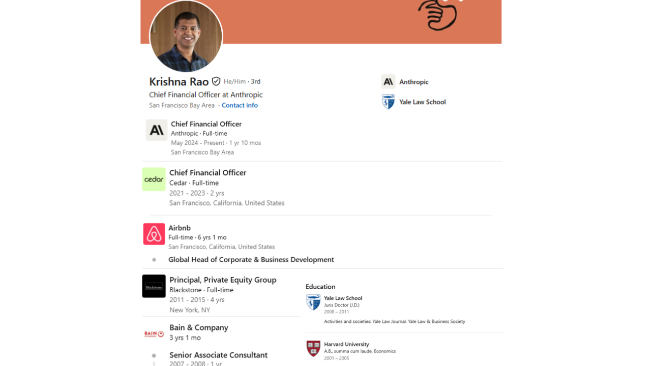 Harvard, Yale, Blackstone: Anthropic’s Indian-origin CFO Krishna Rao’s ...