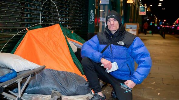 Homeless man Joe Elder with tent in Glasgow city centre