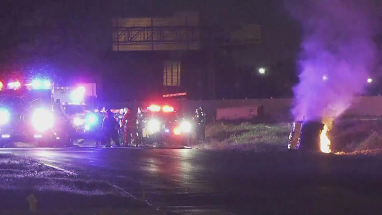 Fiery rollover crash shuts down Northeast Loop 410 access road early Sunday
