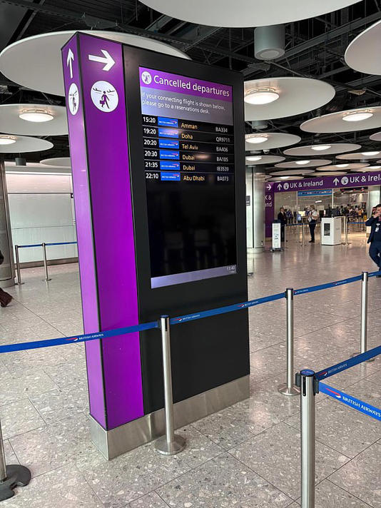 A departure board at London Heathrow today showing the cancelled flights to the Middle East