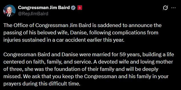 Wife of GOP Rep. Jim Baird dies due to injuries suffered in tragic car ...