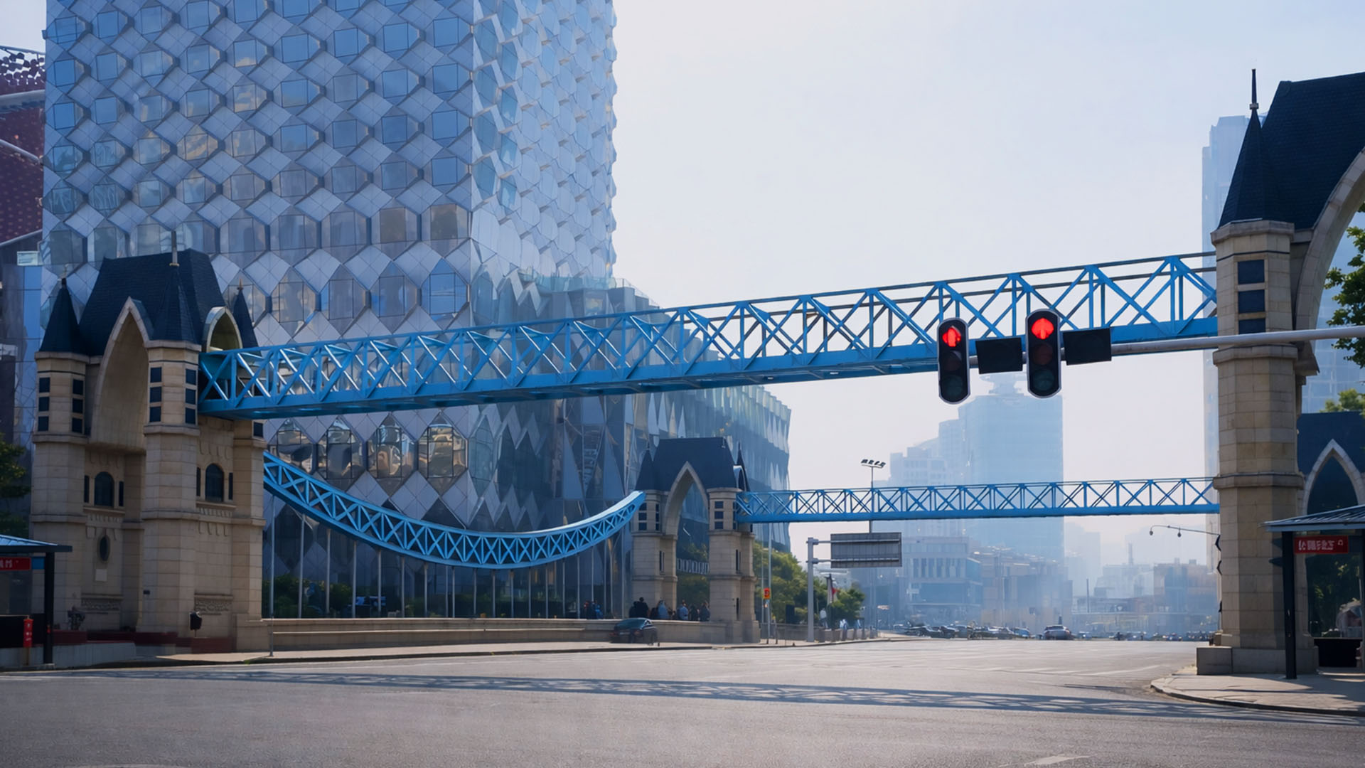 China blue skybridge in modern district