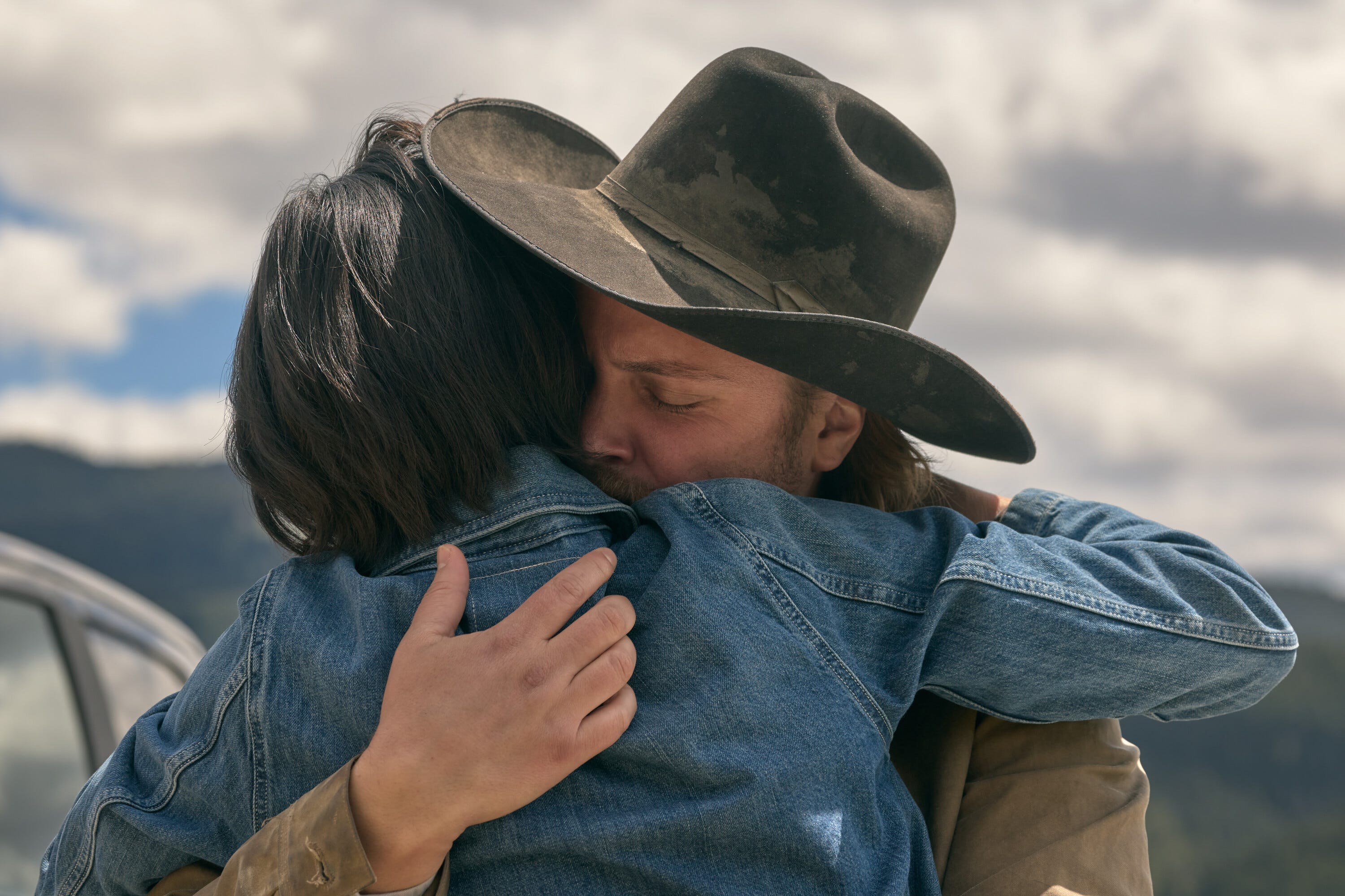 Kelsey Asbille as Monica and Luke Grimes as Kayce in happier times on "Yellowstone." Monica Dutton dies before "Marshals" begins, and Kayce is still haunted by the loss.