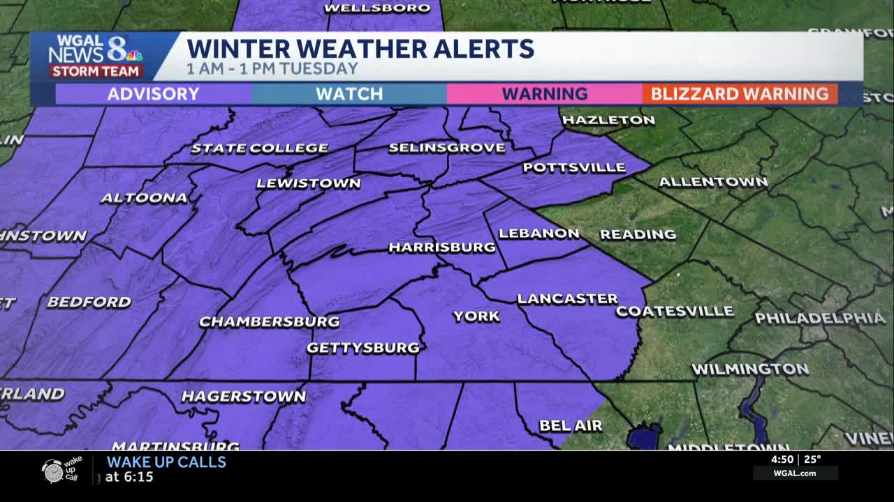 Winter weather advisory issued to all of south-central Pa.<br>