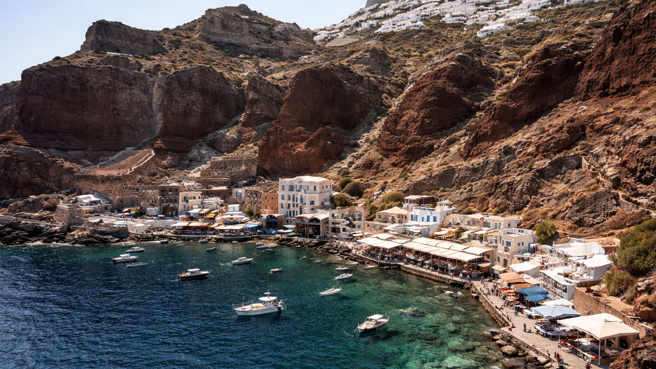 Santorini’s hidden harbor beneath the cliffs
