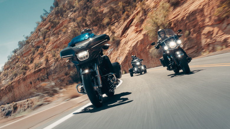 A range of Harley-Davidson motorcycles in the desert