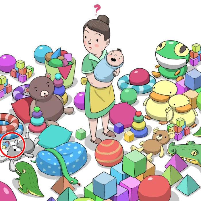 Look carefully and find the hidden pacifier in this toy-filled image
