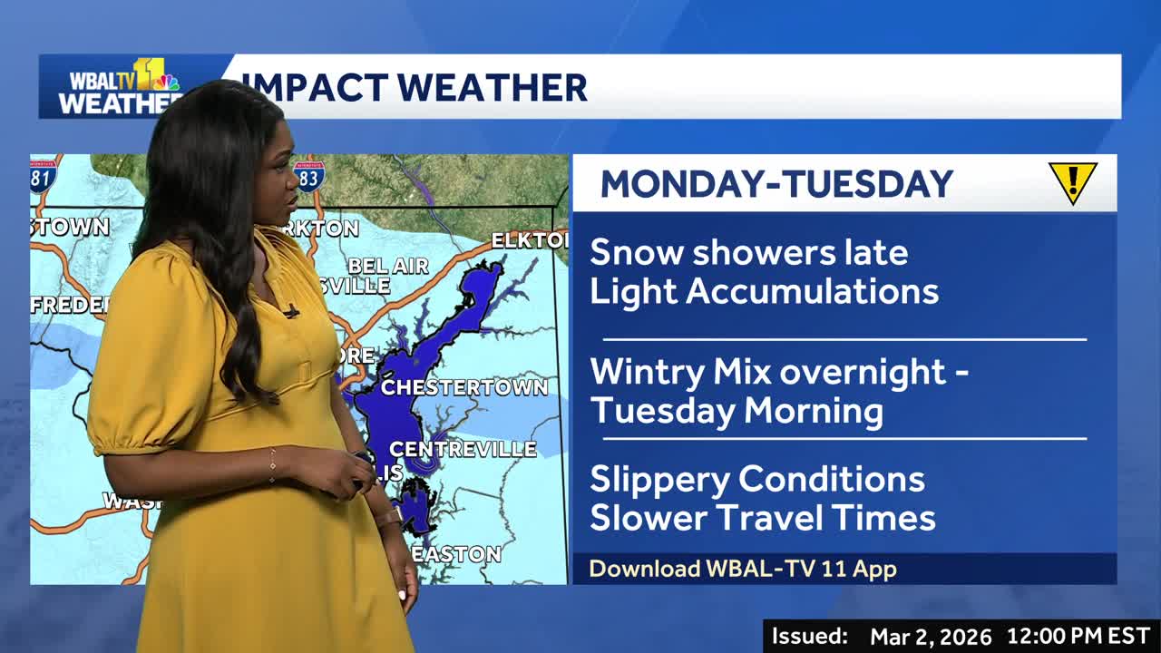 Light snow Monday with wintry mix for Maryland overnight