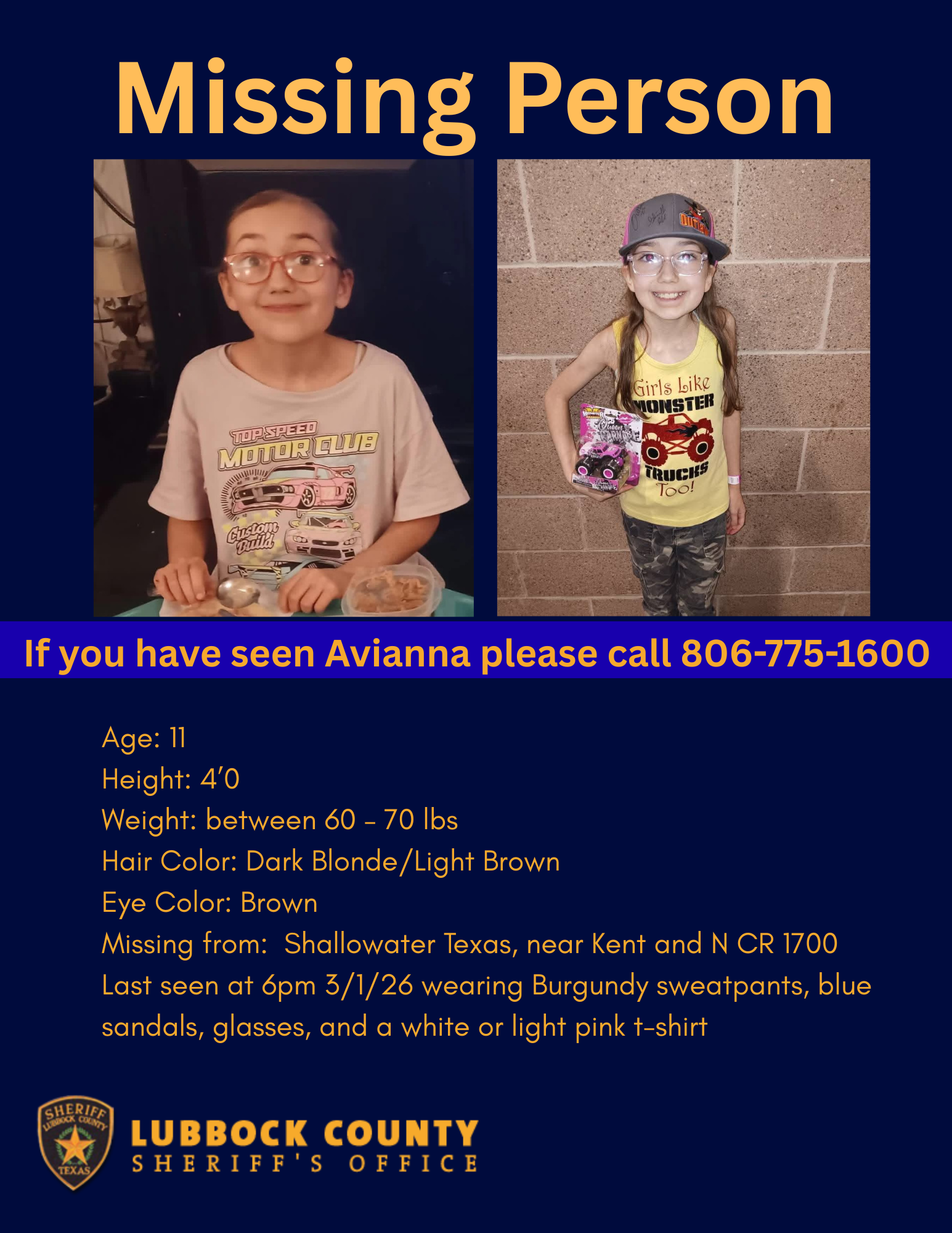 Sheriff's office says missing Lubbock County girl found safe