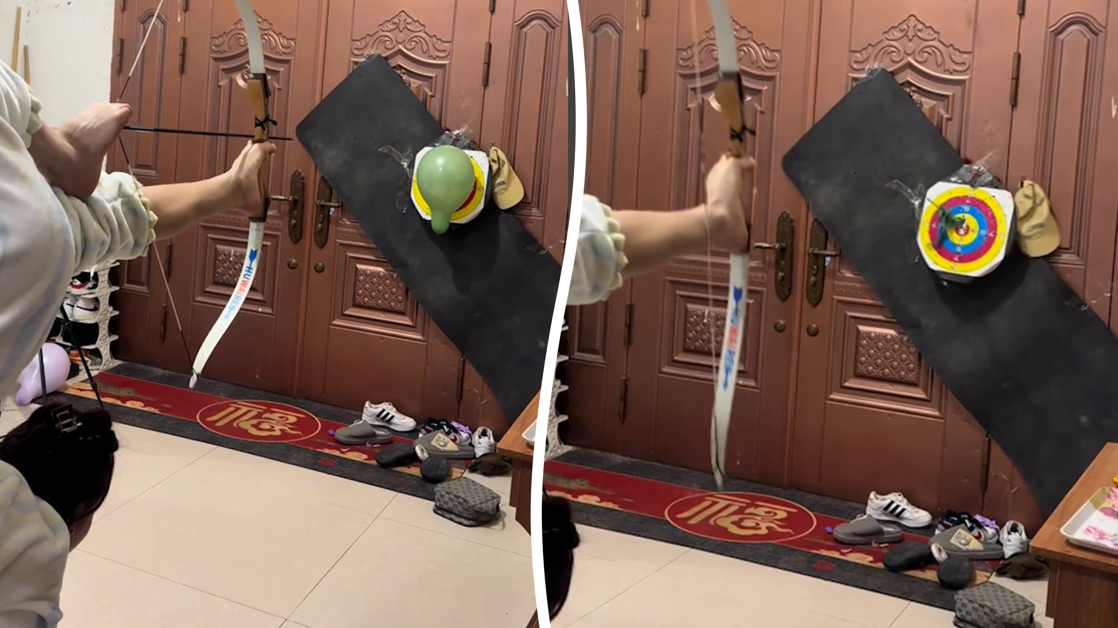 Chinese acrobat shoots arrows with her feet while upside down