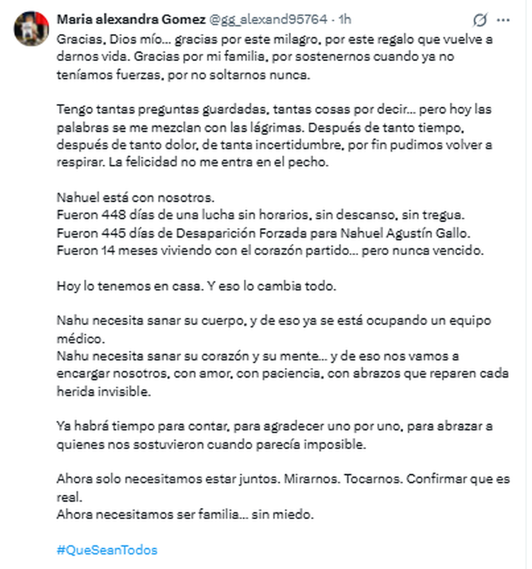 El emotivo posteo de la esposa del gendarme Nahuel Gallo tras su liberación