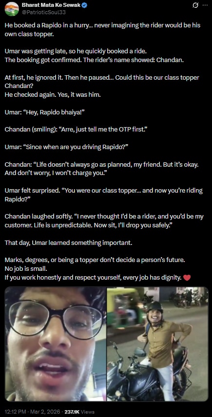 Passenger discovers Rapido rider is his class topper. Their ...