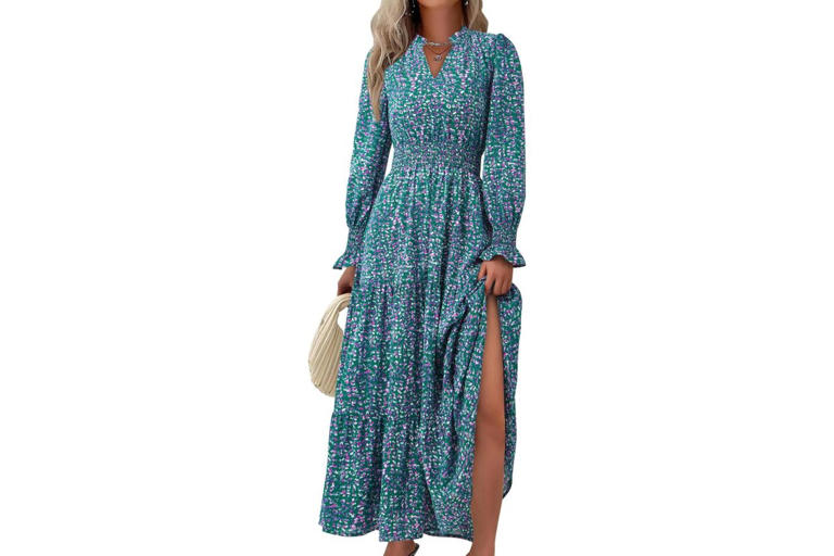 green emerald velvet dress The Mary maxi shirtdress in green and blue freesia block print – Grace  Harris Collection main image 0