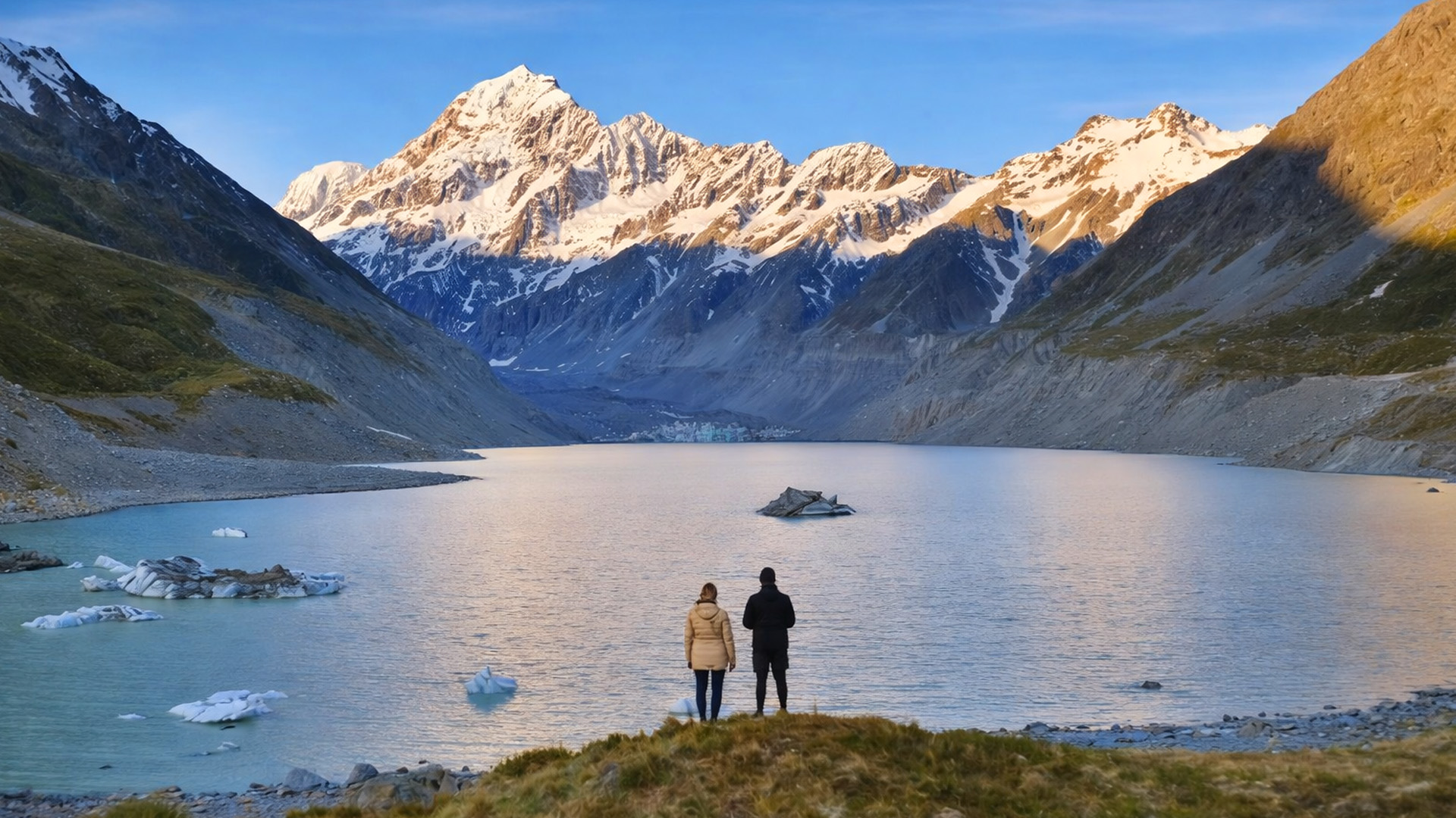 Hooker Lake beneath Aoraki Mount Cook New Zealand
