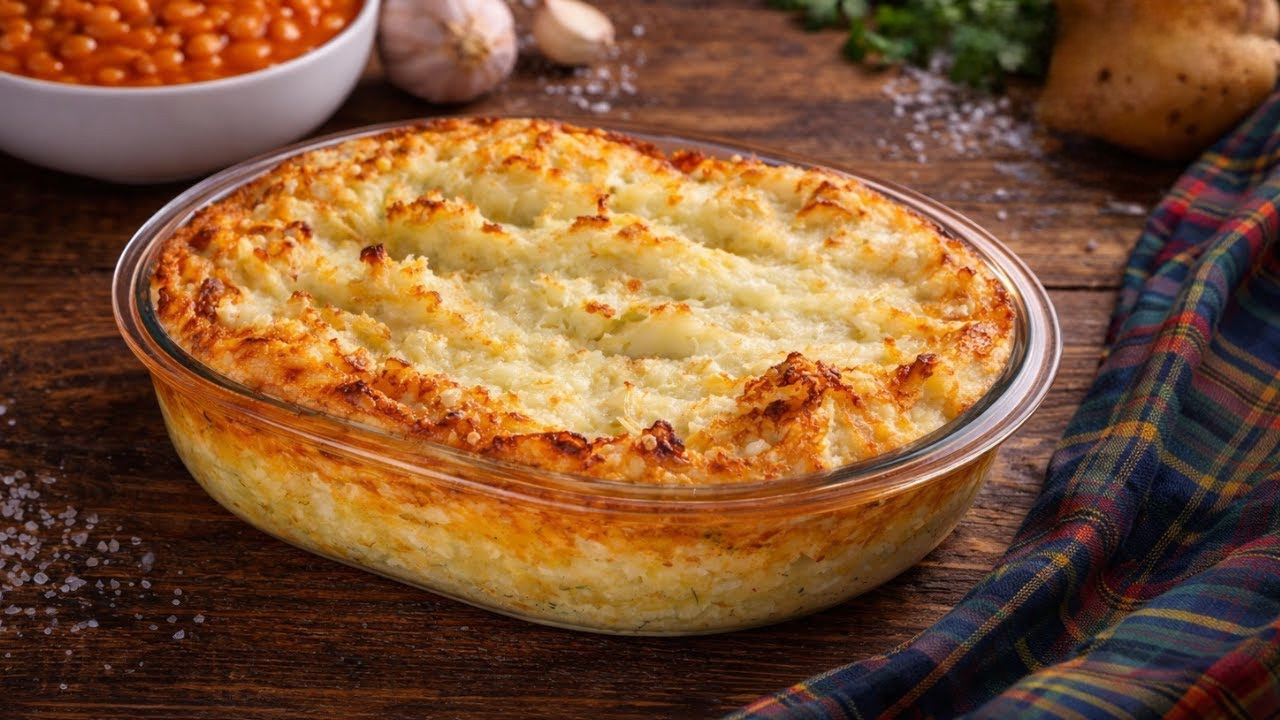 Simple cheesy potato pie with baked beans