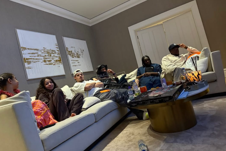 Milos Kerkez, Hugo Ekitike, Jeremie Frimpong and Ibrahima Konate at Mohamed Salah's house