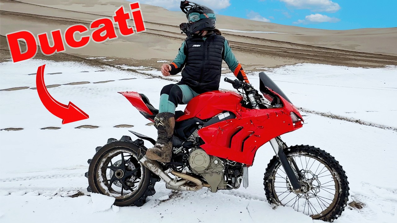 Crotch rocket with paddle tire in sand dunes and snow!